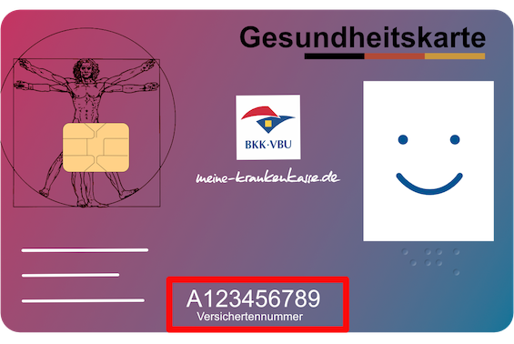 Die BKK VBU Gesundheitskarte mit rot umrandeter Versichertennummer.