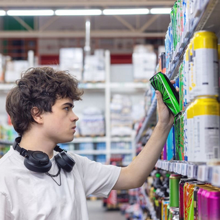 Teenager-Junge, der ein Getr&auml;nk im Supermarkt ausw&auml;hlt, moderner Jugendlebensstil und Verbraucherentscheidung. Energydrink-Konsum, Zuckerkonsum, Koffeingewohnheiten und Gesundheitsbewusstsein f&uuml;r Jugendliche.