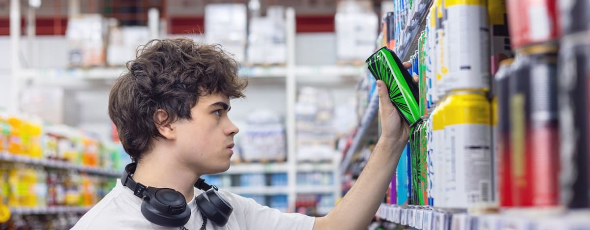 Teenager-Junge, der ein Getr&auml;nk im Supermarkt ausw&auml;hlt, moderner Jugendlebensstil und Verbraucherentscheidung. Energydrink-Konsum, Zuckerkonsum, Koffeingewohnheiten und Gesundheitsbewusstsein f&uuml;r Jugendliche.