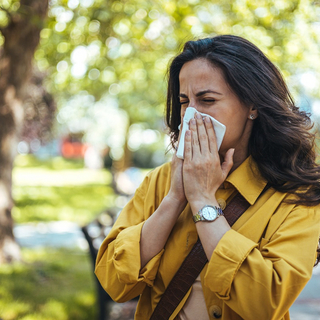 Eine Frau spaziert im Park, niest in ein Taschentuch wegen ihrer Allergie.