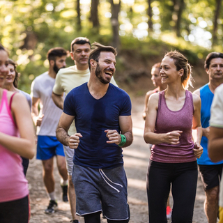 Gemischte Sportgruppe l&auml;uft gemeinsam im Wald