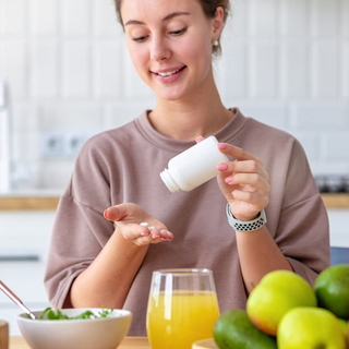 Vitamine, Nahrungserg&auml;nzungsmittel, gesundes Lebensstilkonzept. Junge Frau, die fr&uuml;hst&uuml;ckt und Vitamin zu sich nimmt, sitzt zu Hause in der K&uuml;che und l&auml;chelt freundlich