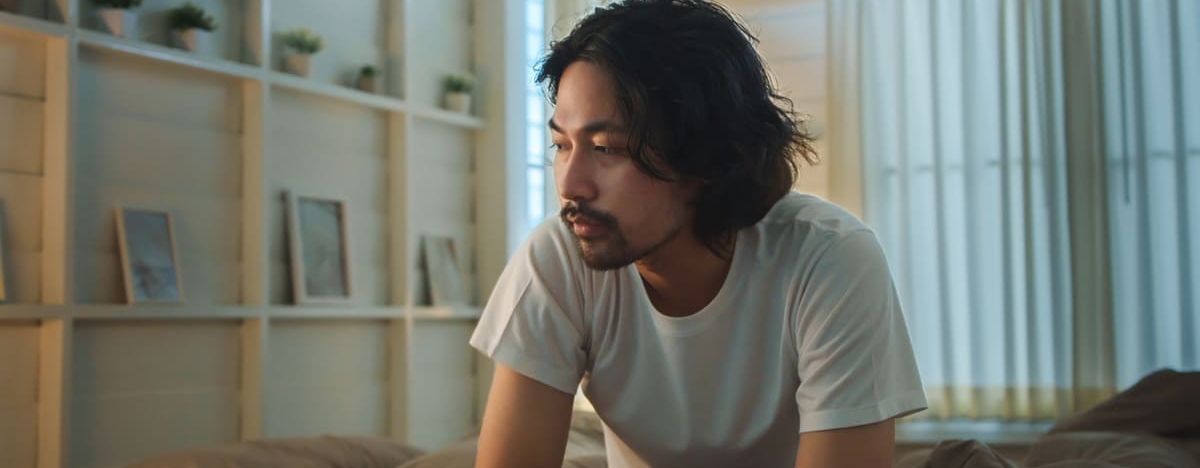 Asiatischer Mann mit mittellangen Haaren, der im Morgenlicht auf dem Bett sitzt, ein schlichtes wei&szlig;es T-Shirt tr&auml;gt und nachdenklich und leicht niedergeschlagen aussieht.