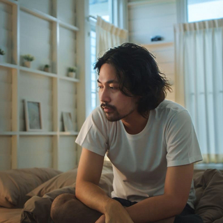 Asiatischer Mann mit mittellangen Haaren, der im Morgenlicht auf dem Bett sitzt, ein schlichtes wei&szlig;es T-Shirt tr&auml;gt und nachdenklich und leicht niedergeschlagen aussieht.