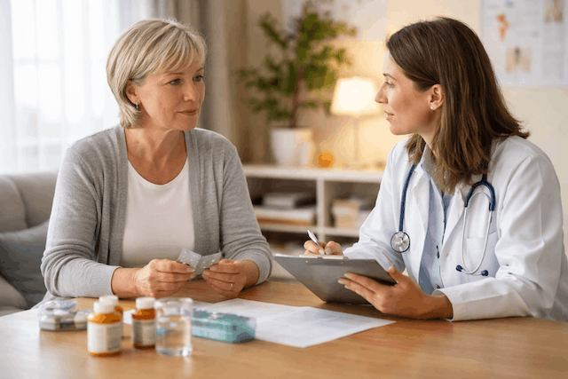 &Auml;rztin ber&auml;t Patientin in heller Praxis und macht sich Notizen w&auml;hrend die Patientin Medikamente in der Hand h&auml;lt