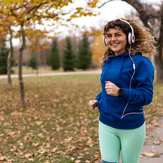 Eine junge Frau joggt im Herbst durch den Park.