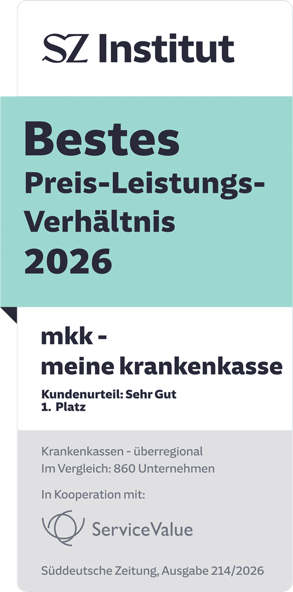 Vom SZ Institut und ServiceValue 09/2026 &uuml;berregional als Krankenkasse mit dem besten Preis-Leistungs-Verh&auml;ltnis ausgezeichnet.