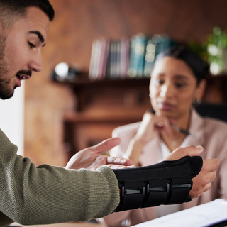 Mann mit gebrochenem Arm bereitet mit Anw&auml;ltin Dokumente f&uuml;r die Versicherung vor