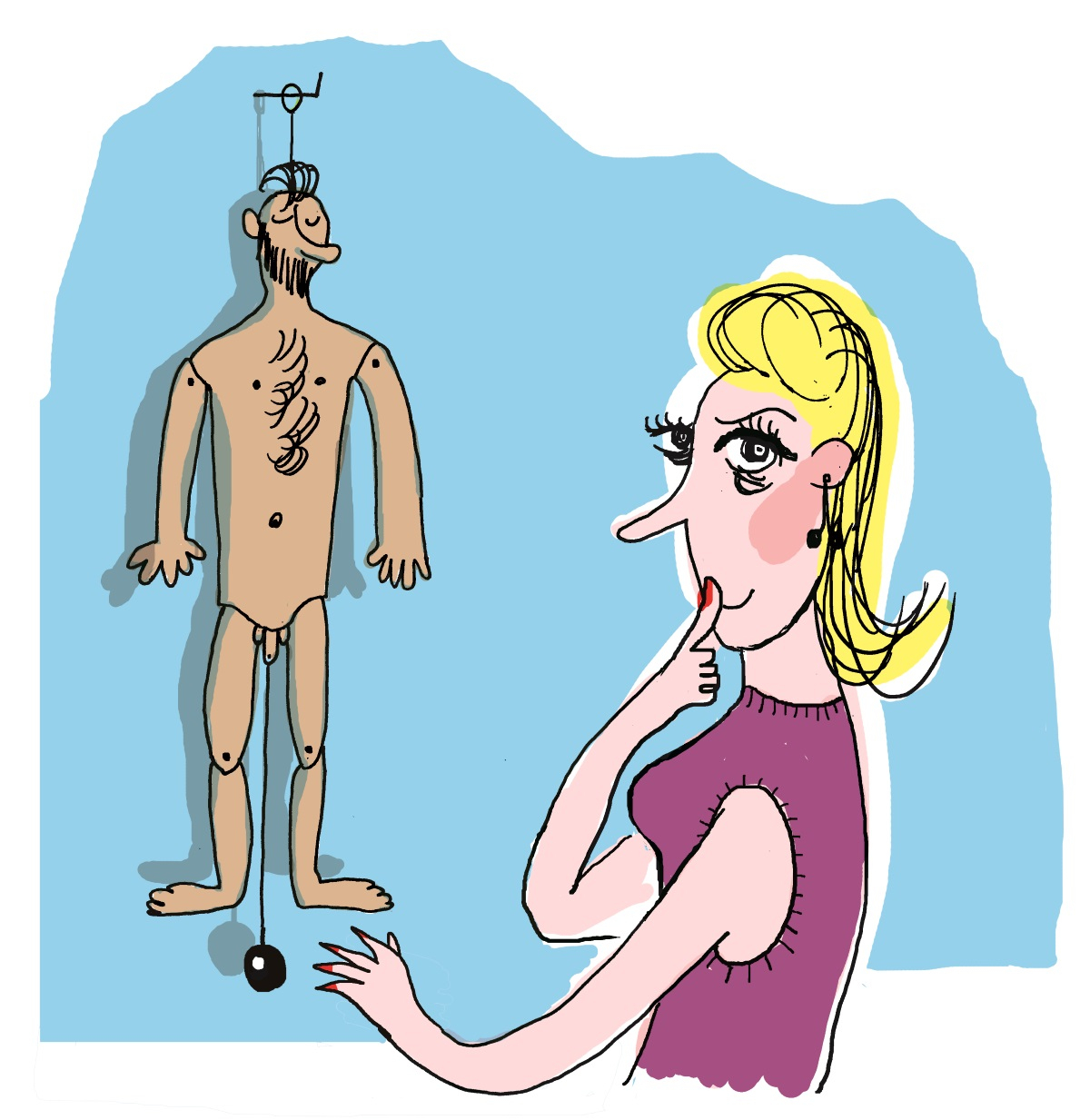 Illustration von Frau, die heimlich zu m&auml;nnlicher Sexpuppe greift