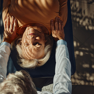 Osteopath ber&uuml;hrt Frau an den Schultern