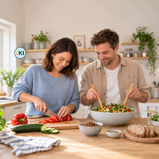 Ein Ehepaar kocht gemeinsam darmfreundlich in seiner K&uuml;che.