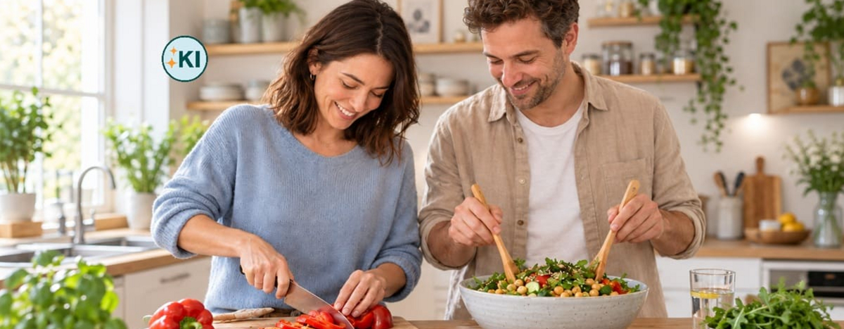 Ein Ehepaar kocht gemeinsam darmfreundlich in seiner K&uuml;che.
