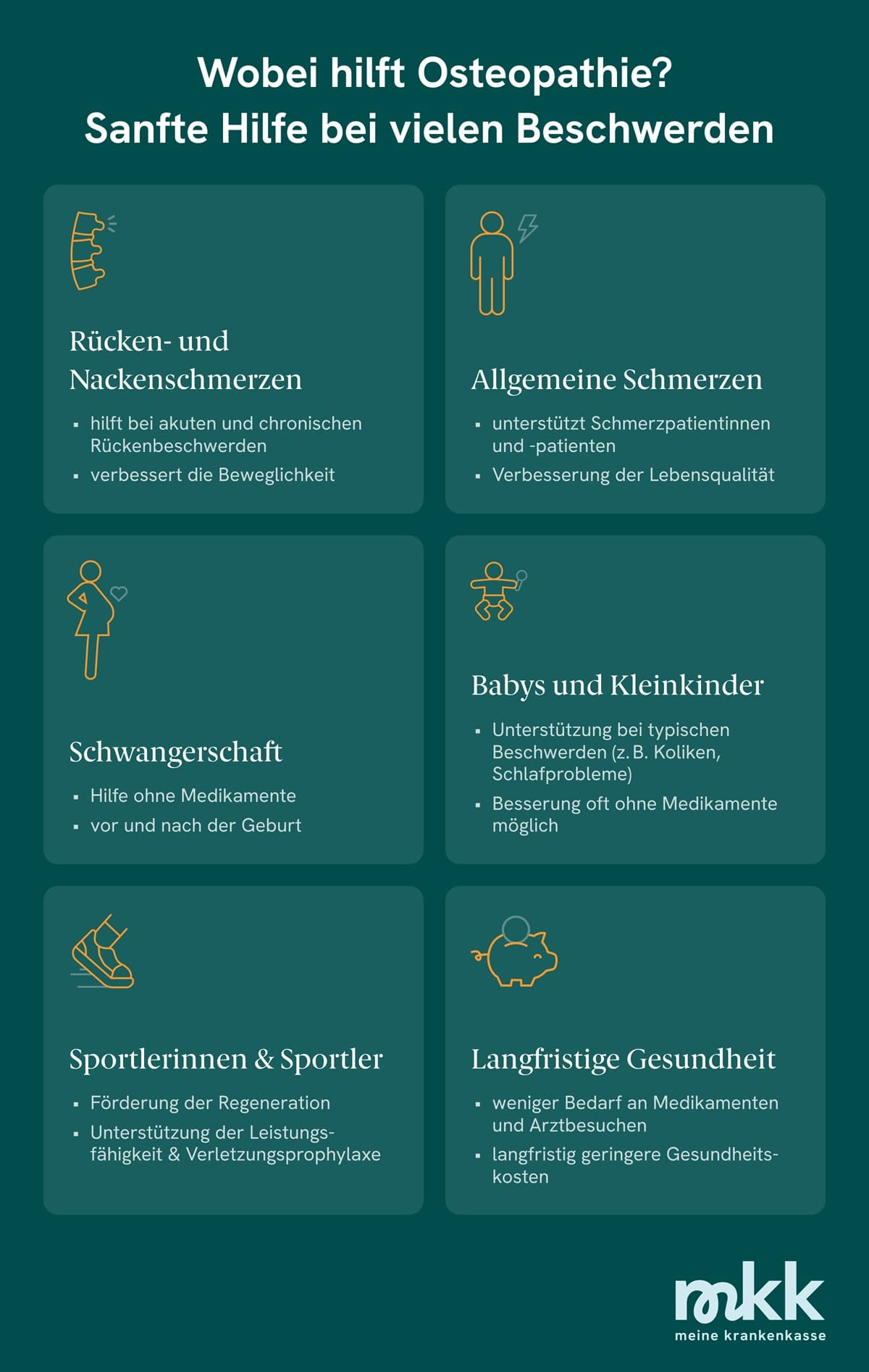 Osteopathie hilft zum Beispiel bei R&uuml;cken- und Nackenschmerzen, in der Schwangerschaft und bei Beschwerden von Babys und Kleinkindern.