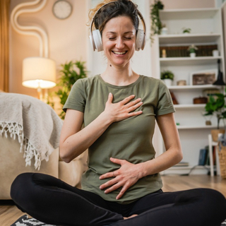 Frau meditiert mit Kopfh&ouml;rern auf dem Ohren