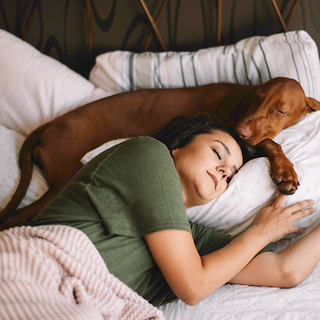 Frau schl&auml;ft im Bett, ihr Hund liegt neben ihr.