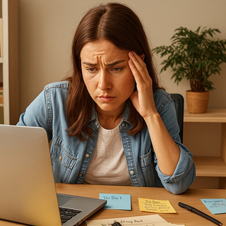 Eine junge, gestresste Frau sitzt am Schreibtisch und schaut auf ihren Laptop.