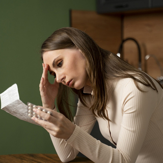 Eine junge br&uuml;nette Frau liest den Beipackzettel eines Medikaments.
