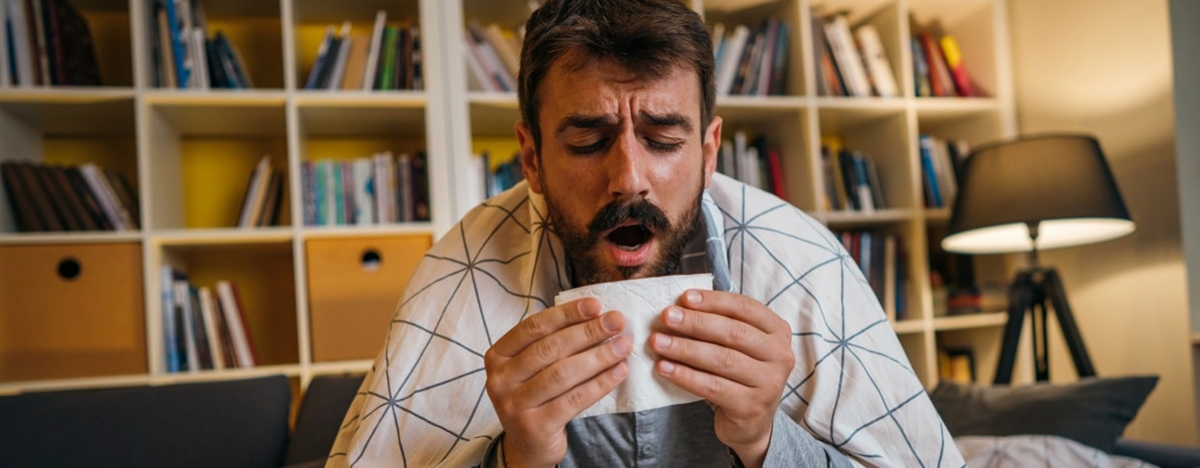 Ein kranker Mann leidet an einer Erk&auml;ltung.