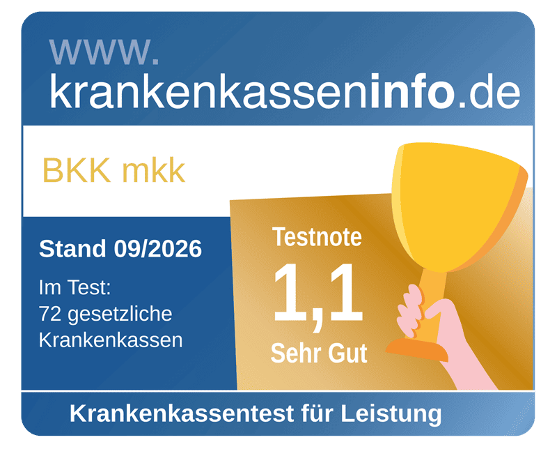 Siegel von krankenkasseninfo.de mit der Testnote 1,1 Sehr Gut f&uuml;r BKK mkk im Krankenkassentest f&uuml;r Leistung.