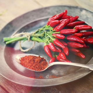 Chili Schoten und Chili Pulver auf einem L&ouml;ffel