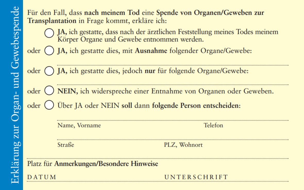 mkk Ratgeber: Beispielbild eines ausgef&uuml;llten Organspendeausweises.