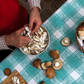 &auml;lterer Herr schneidet Pilze