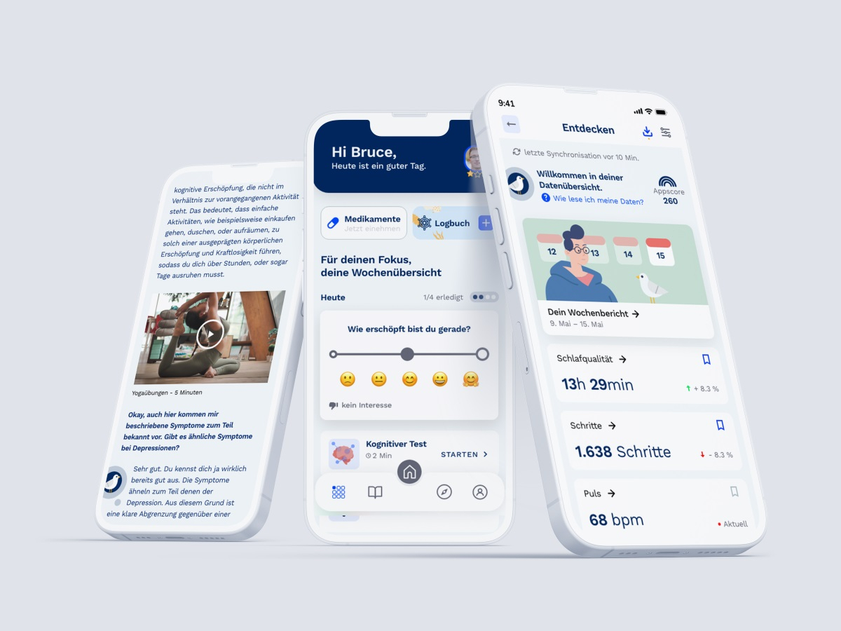 Mockup von drei Screens der Fimo-App