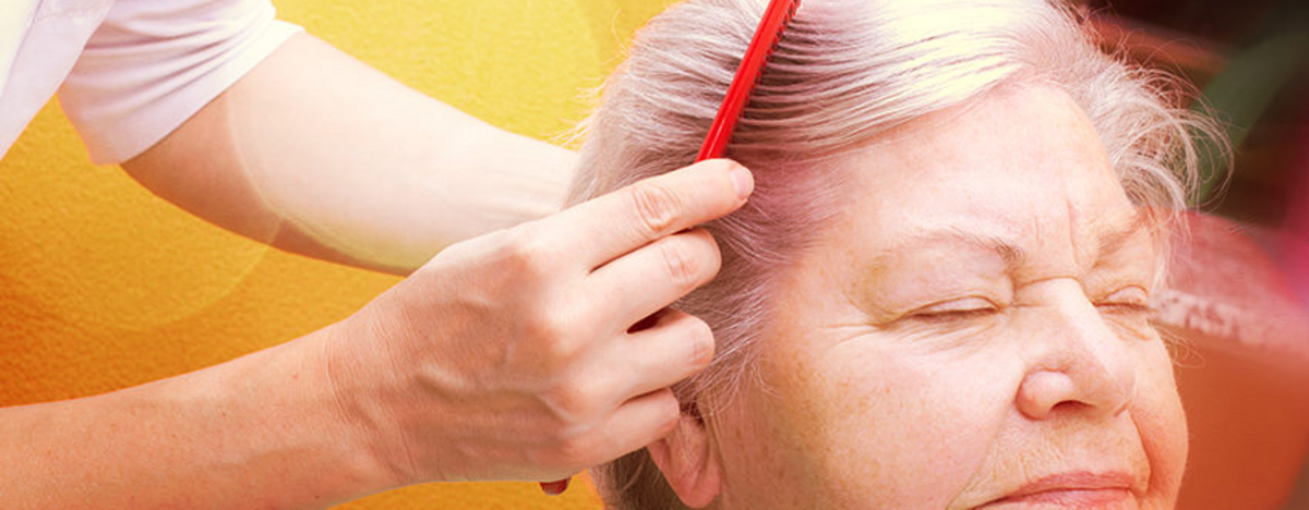 Einer &auml;lteren Damen werden die Haare gek&auml;mmt.